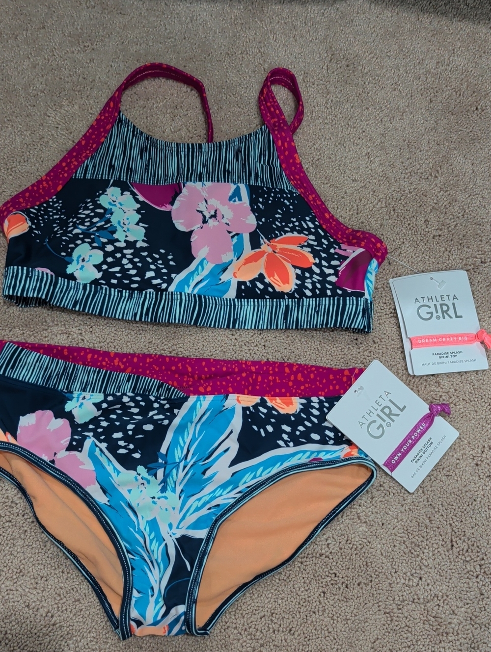 Athleta Girl Pink and Orange Paradise Splash Bikini Top And Bottom